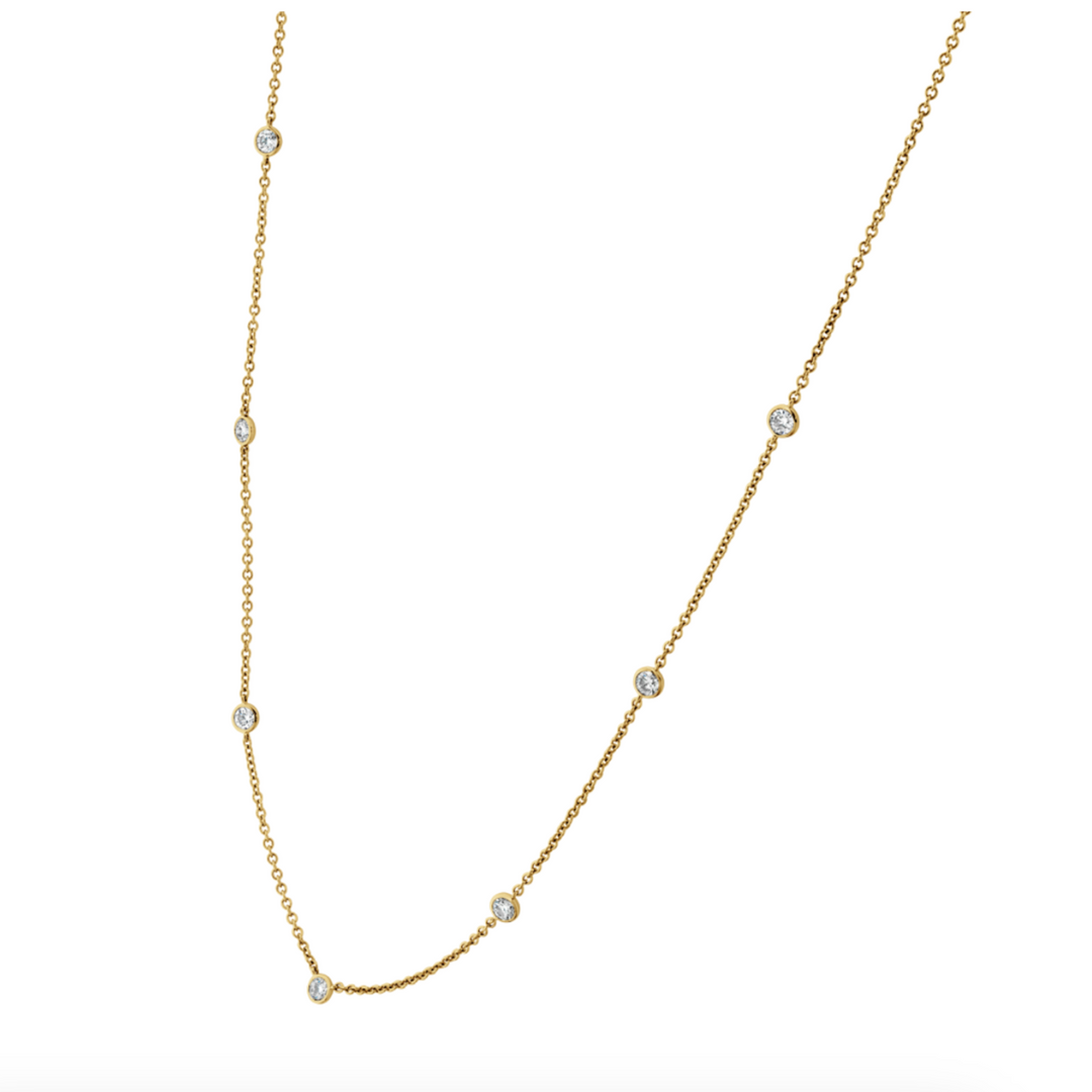 18K Yellow Gold Cascade Bezel 7 Stone Station Necklace