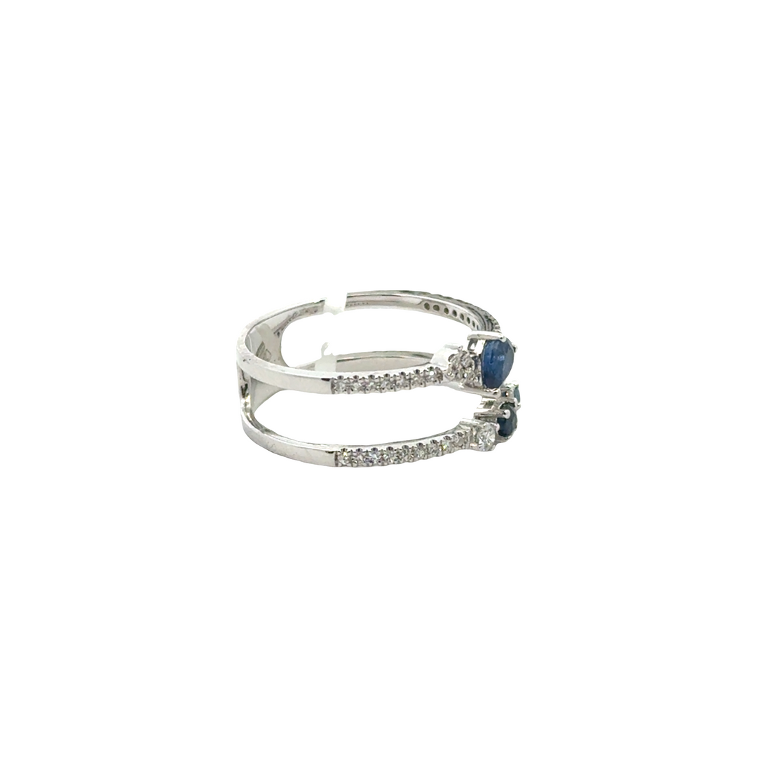 14K White Gold Sapphire Diamond Double Row Ring