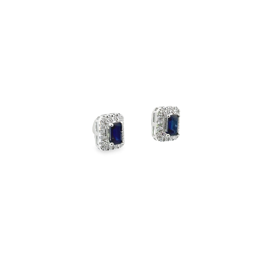 14K White Gold Sapphire Diamond Emerald Cut Halo Stud Earrings