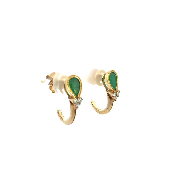 14K Yellow Gold Emerald Diamond Pear Drop Stud Earrings