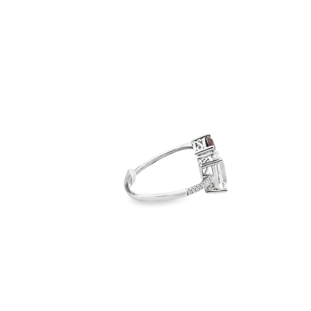 14K White Gold Garnet White Topaz Diamond Bypass Mariposa Ring