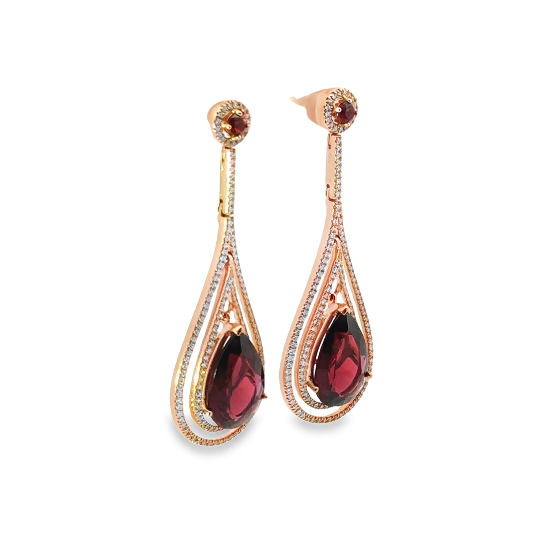 14K Rose Gold Garnet Diamond Open Teardrop Dangle Earrings