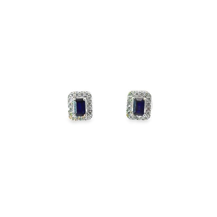 14K White Gold Sapphire Diamond Emerald Cut Halo Stud Earrings