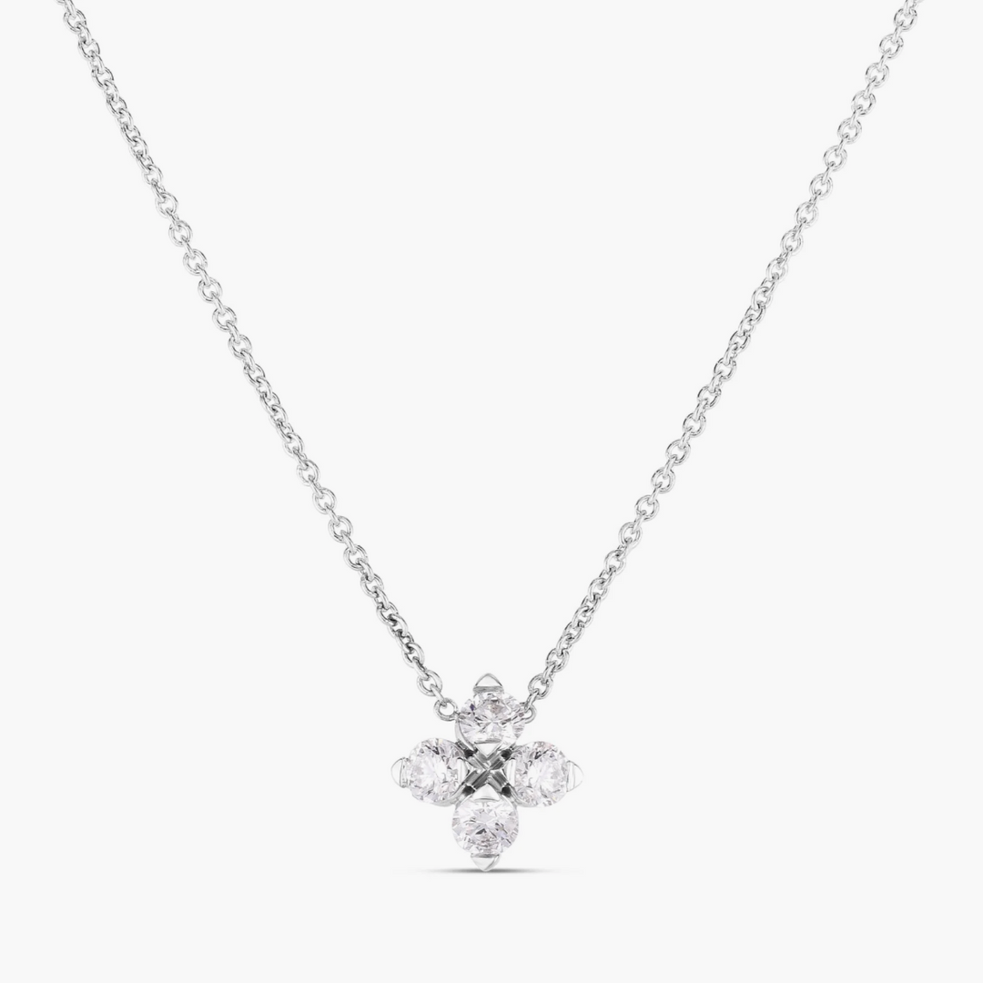 18K White Gold Diamond Love In Verona Flower Pendant Necklace