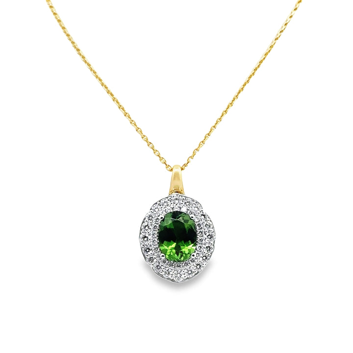 18K Two-Tone Gold Chrome Tourmaline Diamond Double Halo Pendant Necklace