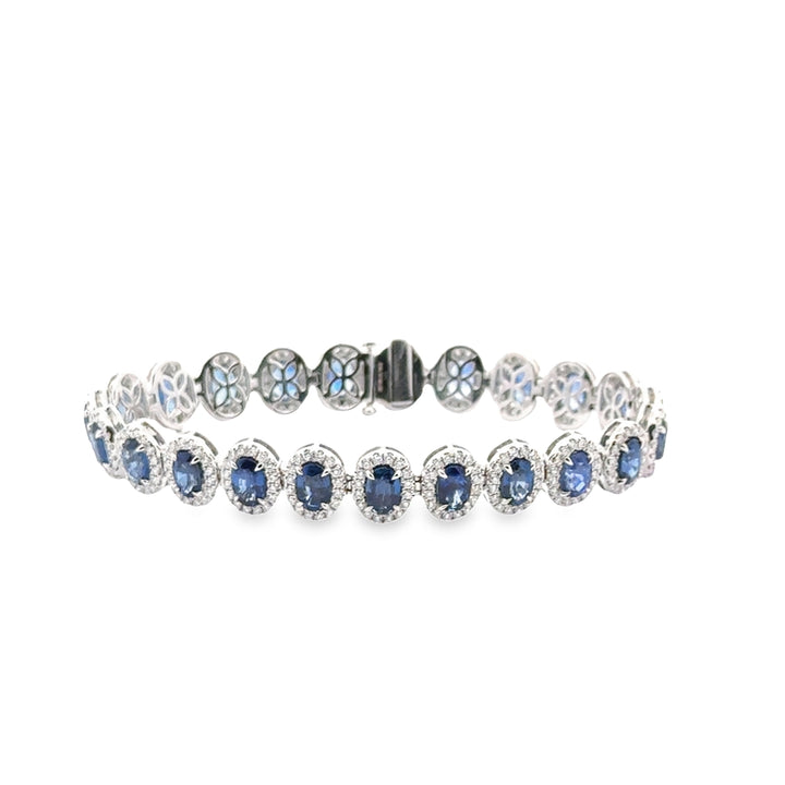 18K White Gold Sapphire Diamond Oval Halo Tennis Bracelet