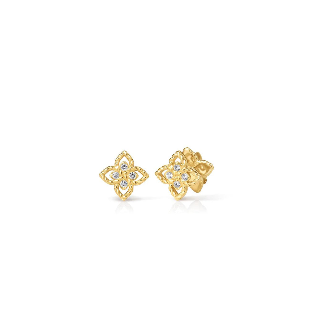 18K Yellow Gold Diamond Princess Flower Petite Diamond Stud Earrings