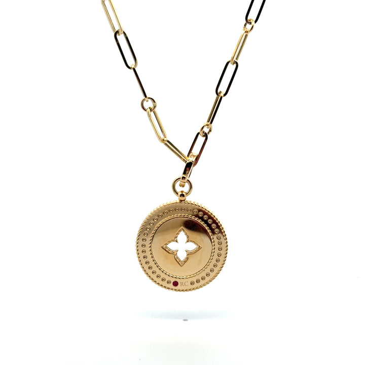 18K Yellow Gold Diamond Venetian Princess Cut Out Medallion Paperclip Chain Necklace