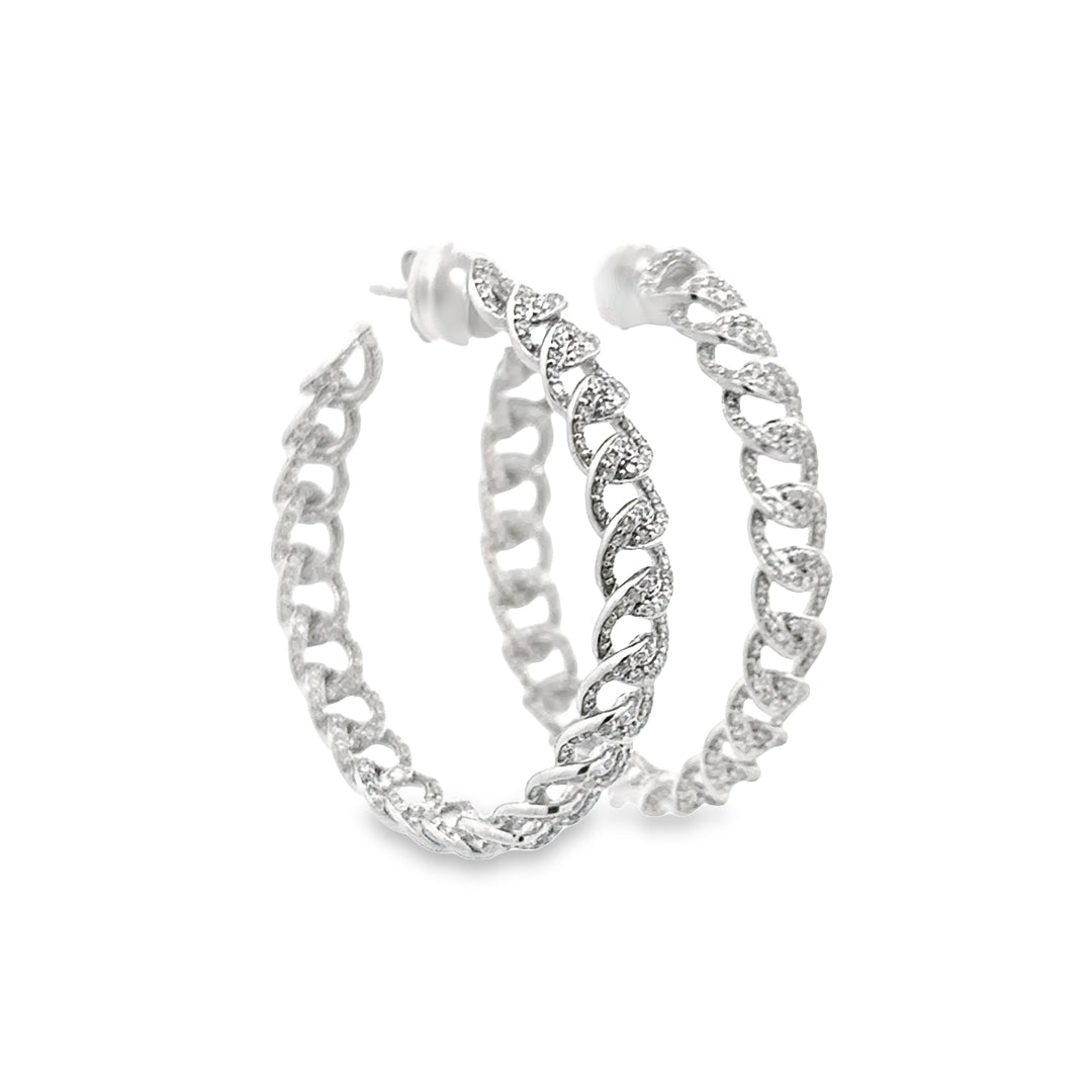 14K White Gold Diamond Chain Hoop Earrings