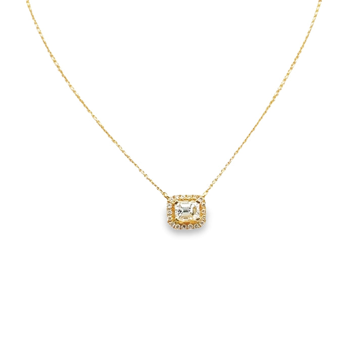 18K Yellow Gold Diamond Emerald Cut Halo Necklace