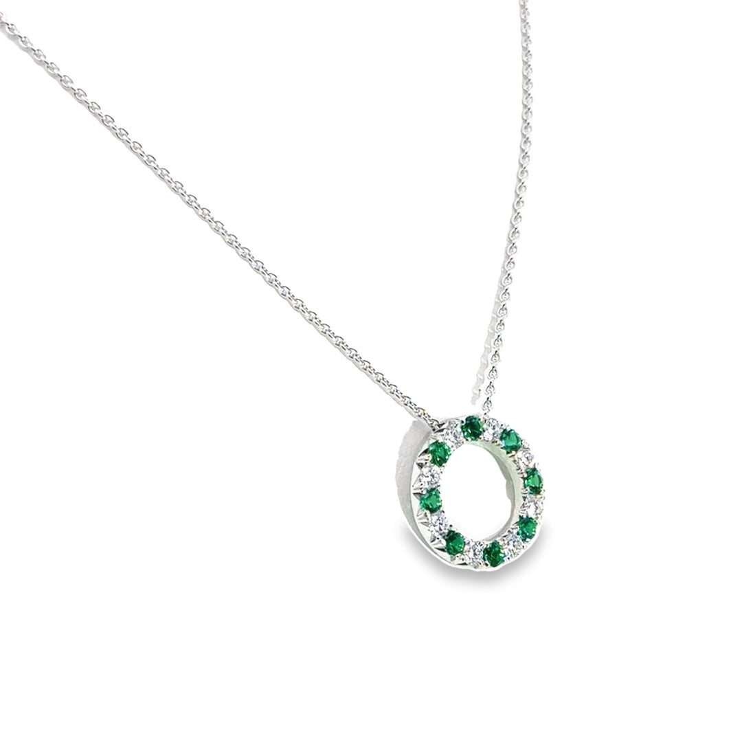 18K White Gold Emerald Diamond Open Circle Pendant Necklace