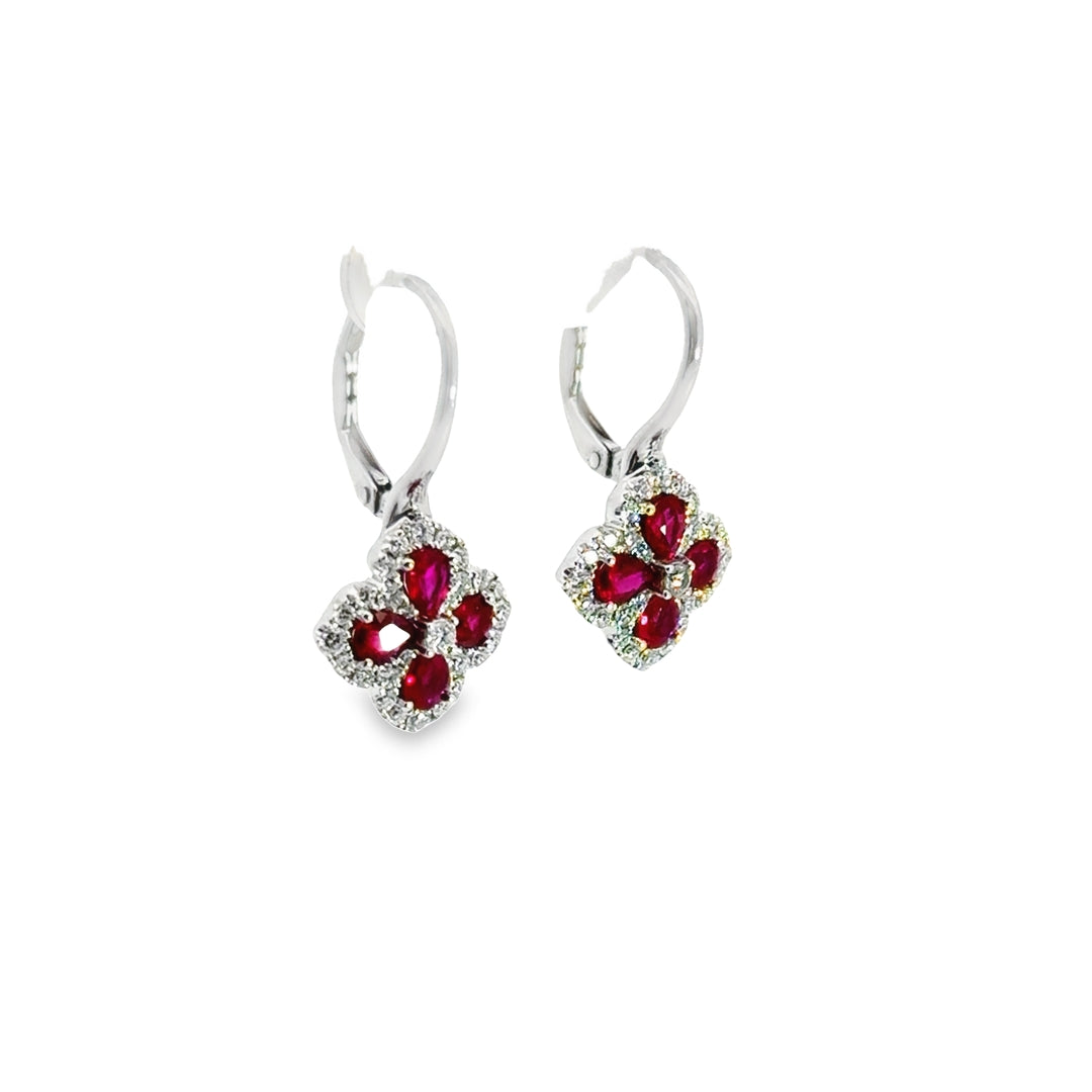 18K White Gold Ruby Diamond Clover Halo Drop Earrings