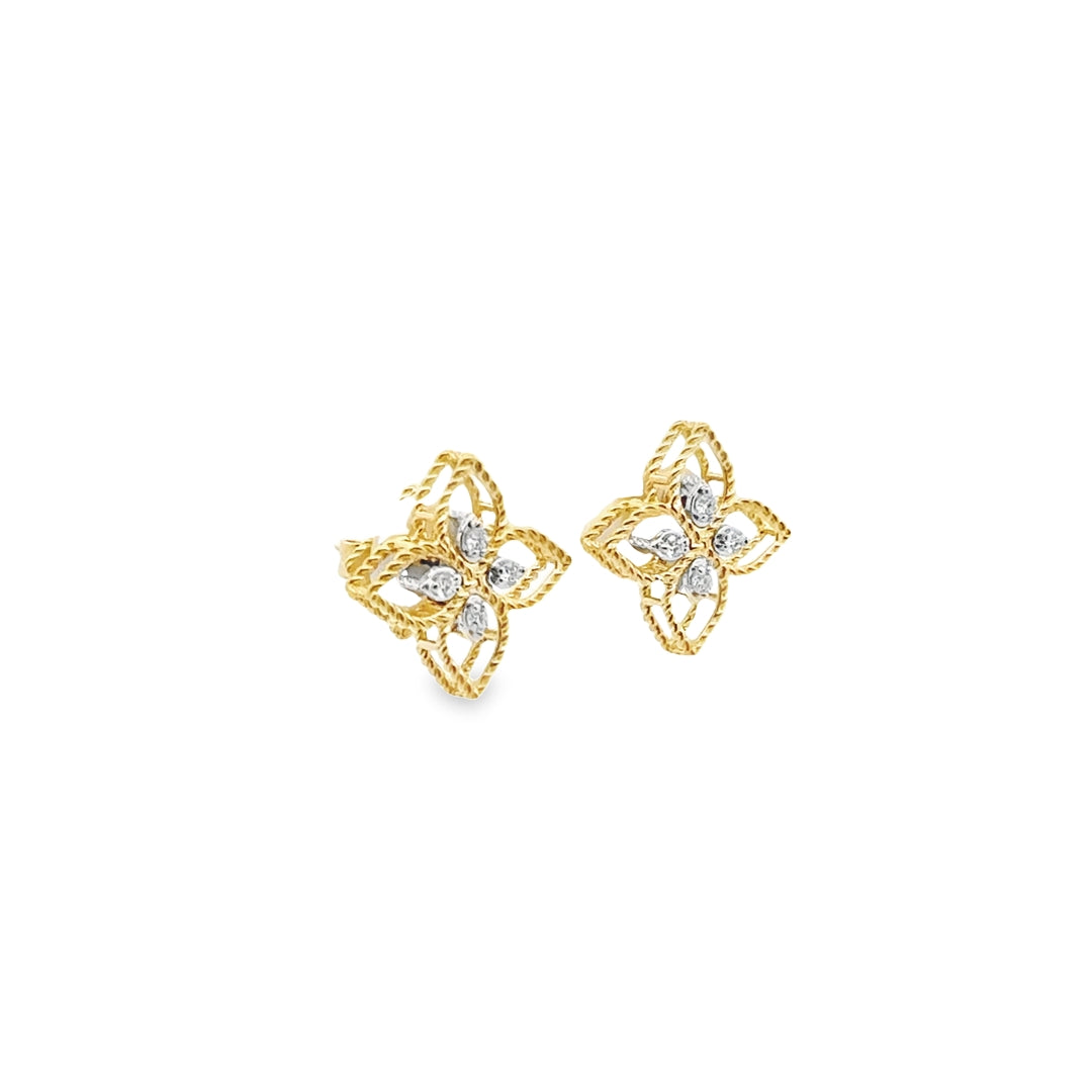 18K Yellow Gold Diamond Principessa Flower Stud Earrings (Small)