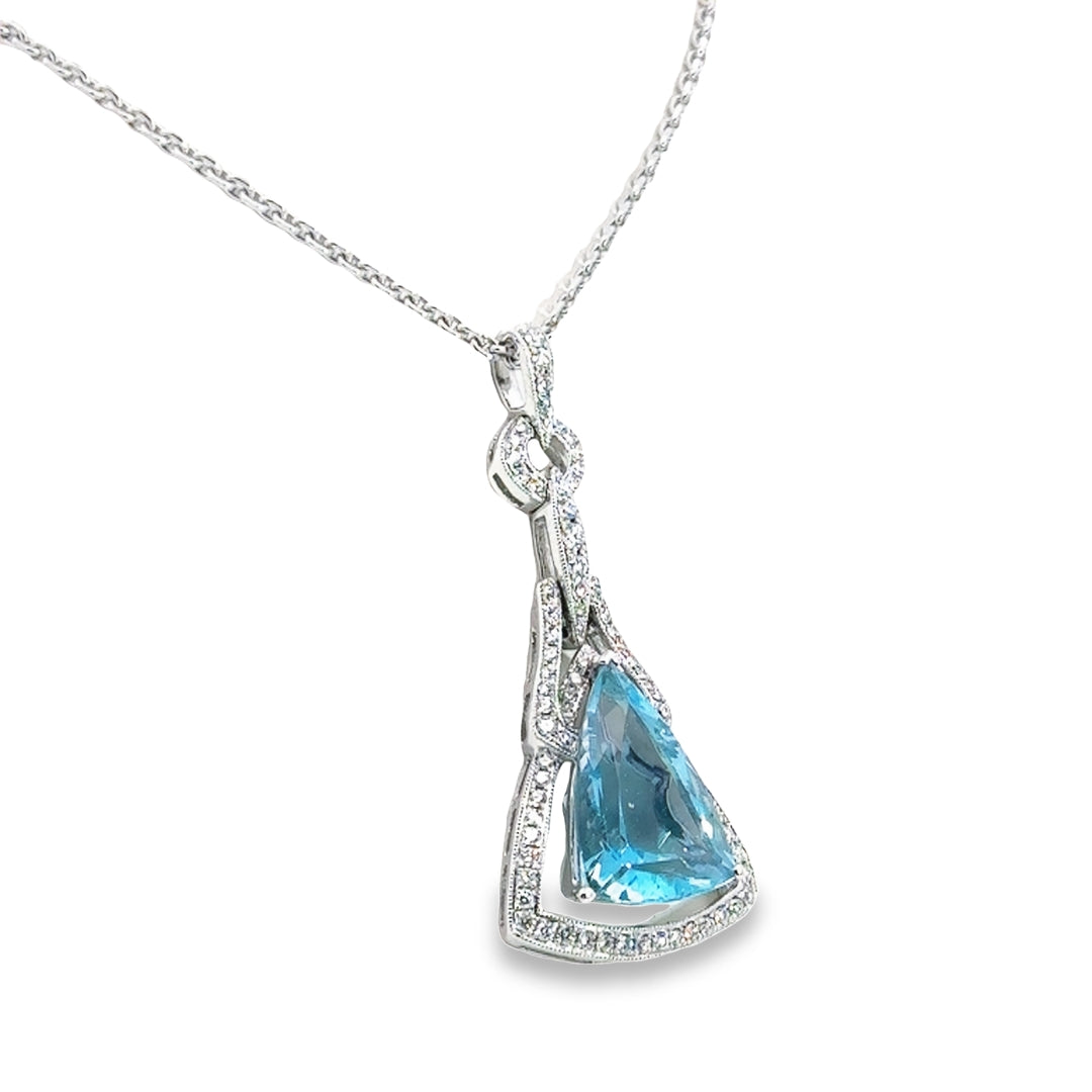 18K White Gold Aquamarine Diamond Open Drop Pendant Necklace