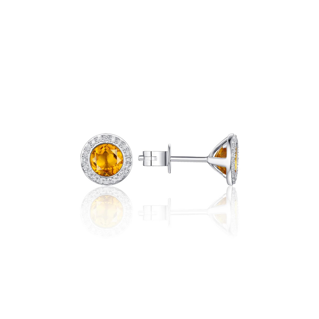 14K White Gold Citrine Diamond Halo Stud Earrings