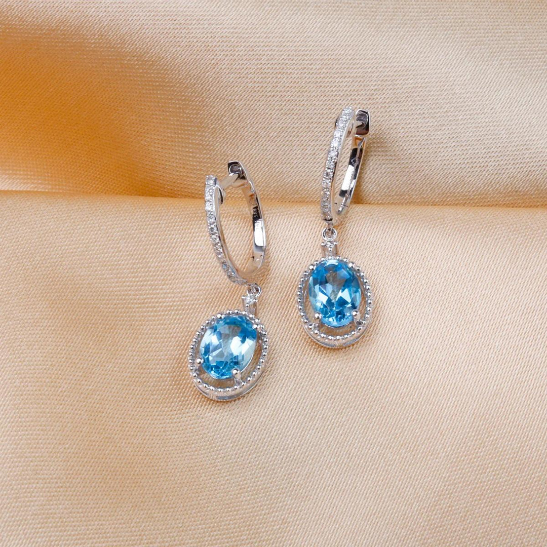 14K White Gold Blue Topaz Diamond Oval Halo Drop Huggie Hoop Earrings
