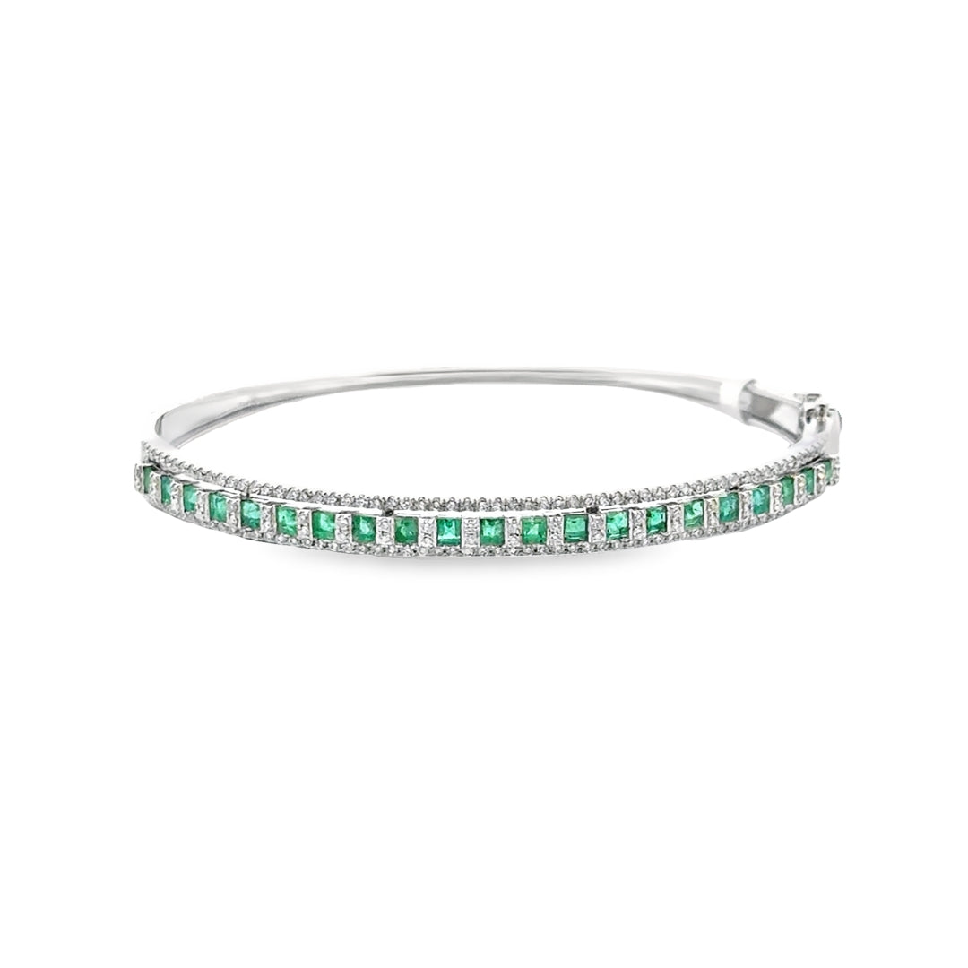 14K White Gold Emerald Diamond Marie Twin Bangle Bracelet