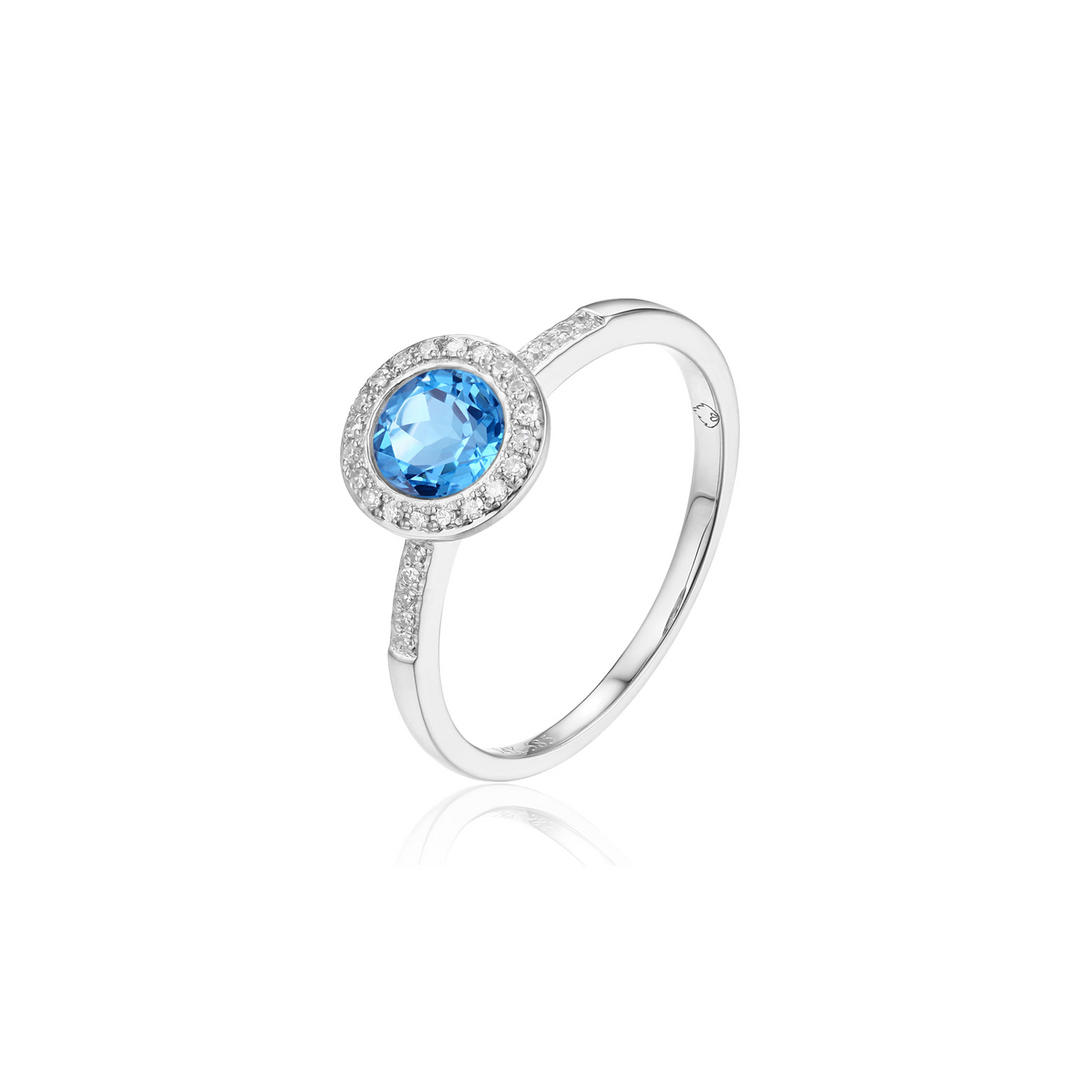 14K White Gold Blue Topaz Diamond Halo Martini Ring