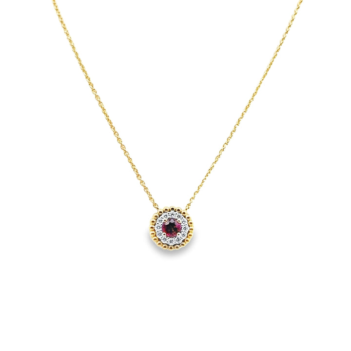 18K Two-Tone Gold Ruby Diamond Halo Pendant Necklace