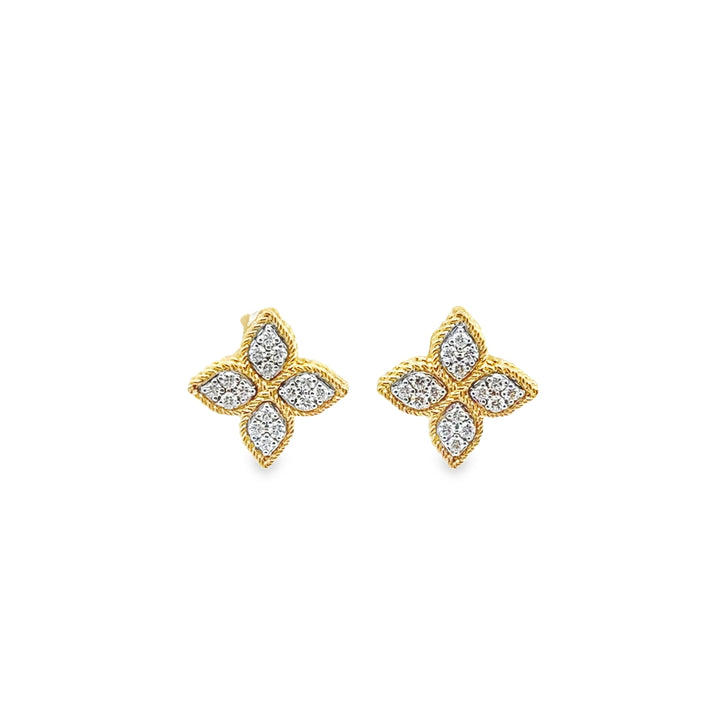 18K Two-Tone Gold Diamond Princess Flower Stud Earrings (Medium)