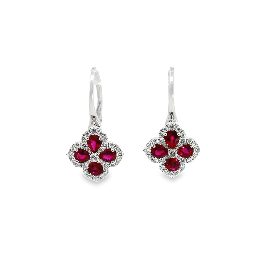 18K White Gold Ruby Diamond Clover Halo Drop Earrings