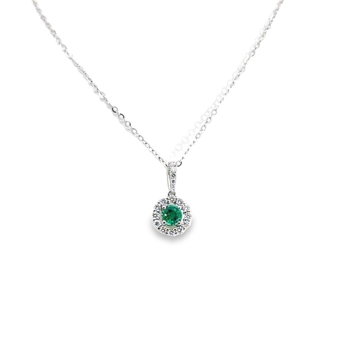 14K White Gold Emerald Diamond Round Halo Pendant Necklace