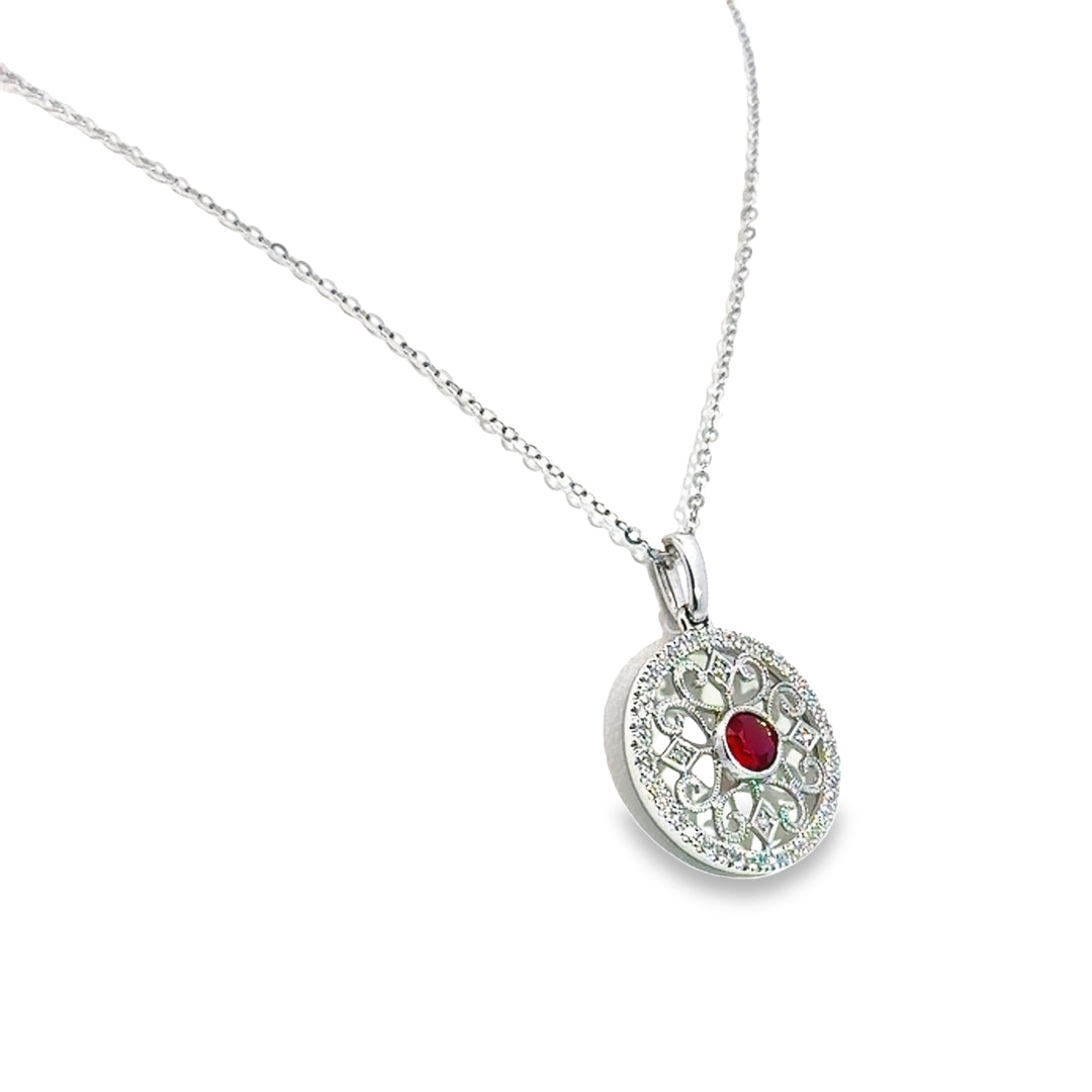 14K White Gold Ruby Diamond Classic Round Necklace