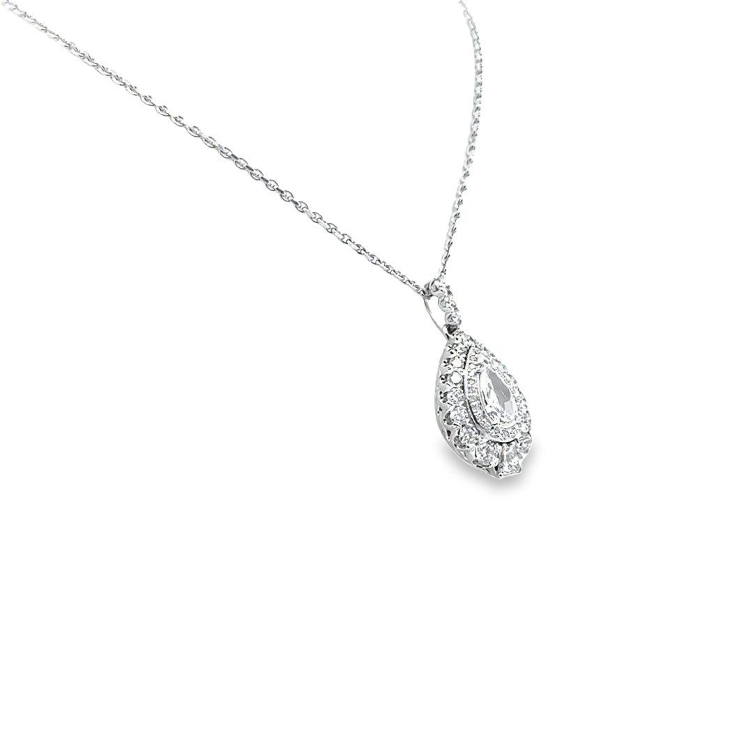 18K White Gold Diamond Pear Double Halo Pendant Necklace