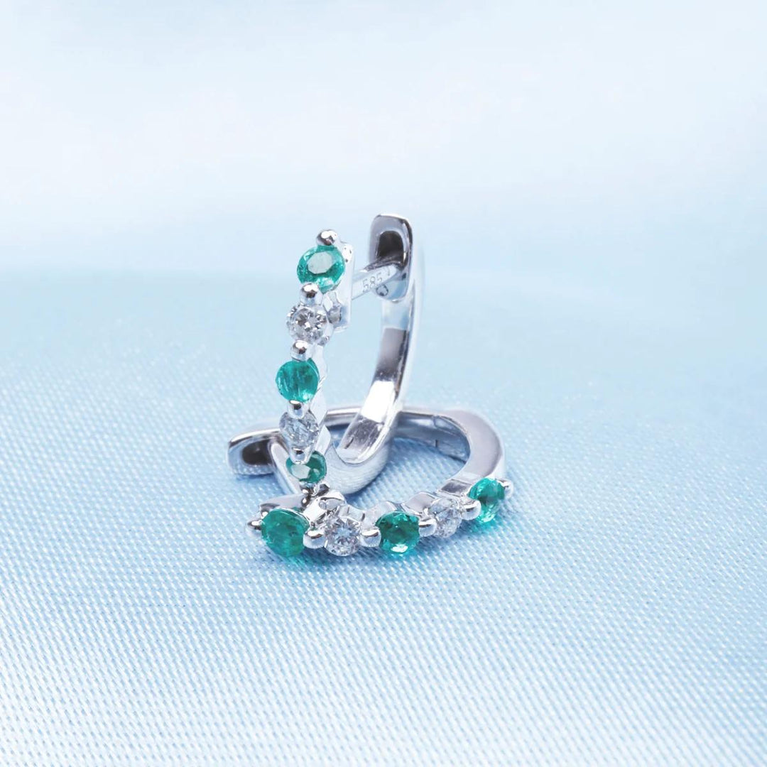 14K White Gold Emerald Diamond Alernating Graduated Huggie Hoop Earrings