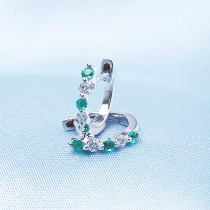 14K White Gold Emerald Diamond Alernating Graduated Huggie Hoop Earrings
