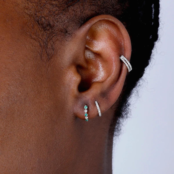 14K White Gold Emerald Diamond Alernating Graduated Huggie Hoop Earrings