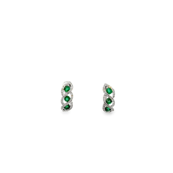 14K White Gold Emerald Diamond Twist Huggie Hoop Earrings