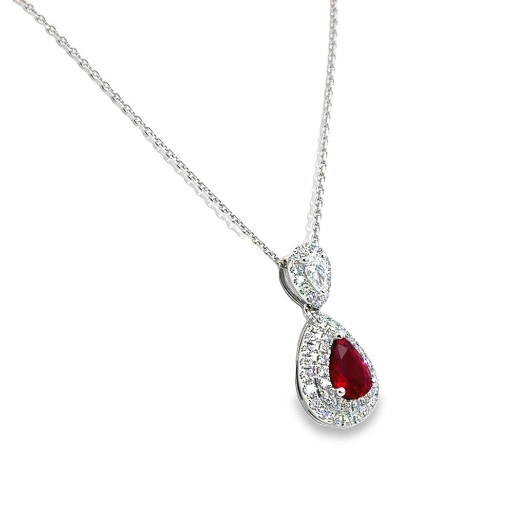 18K White Gold Ruby Diamond Pear Halo Drop Pendant Necklace