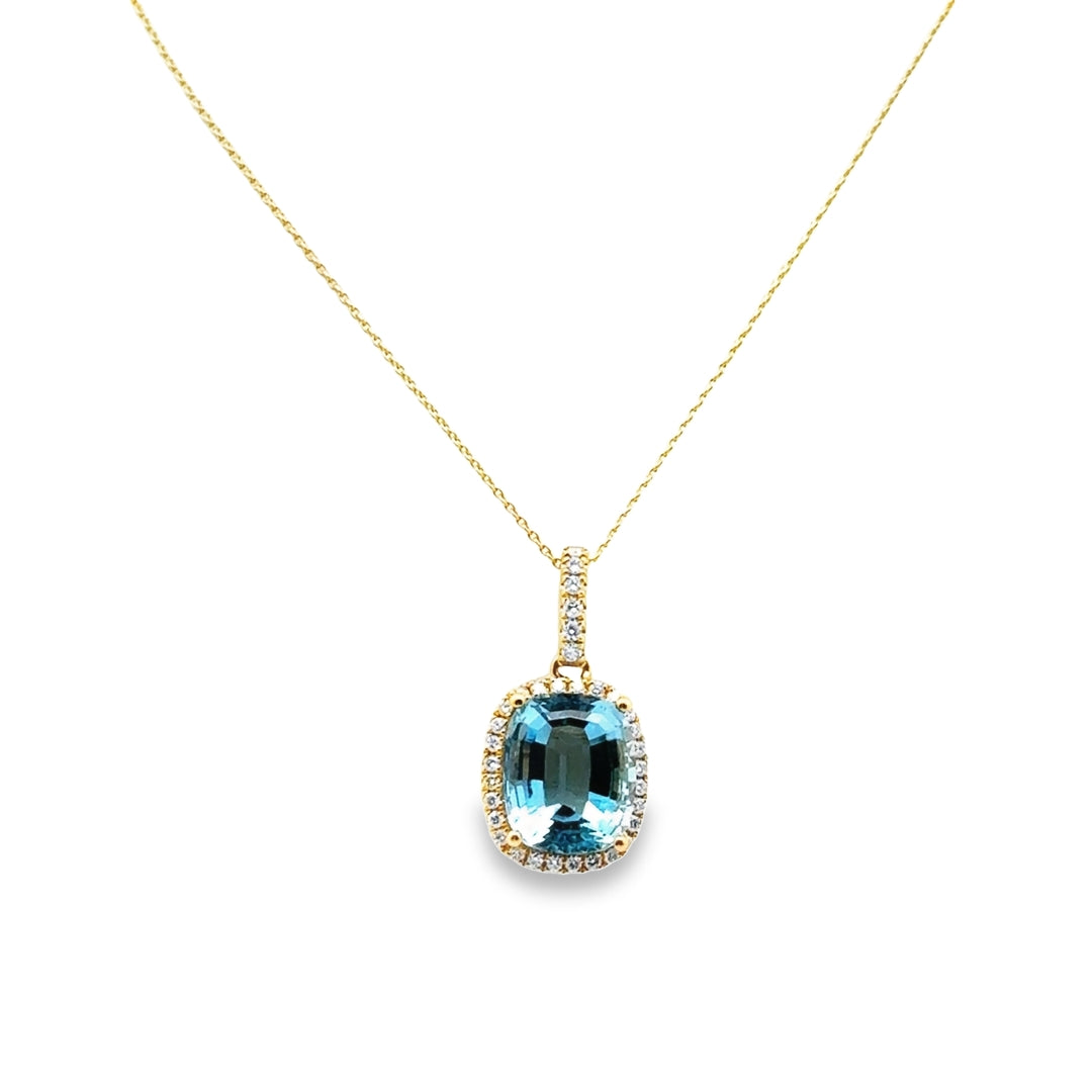 18K Yellow Gold Aquamarine Diamond Halo Pendant Necklace