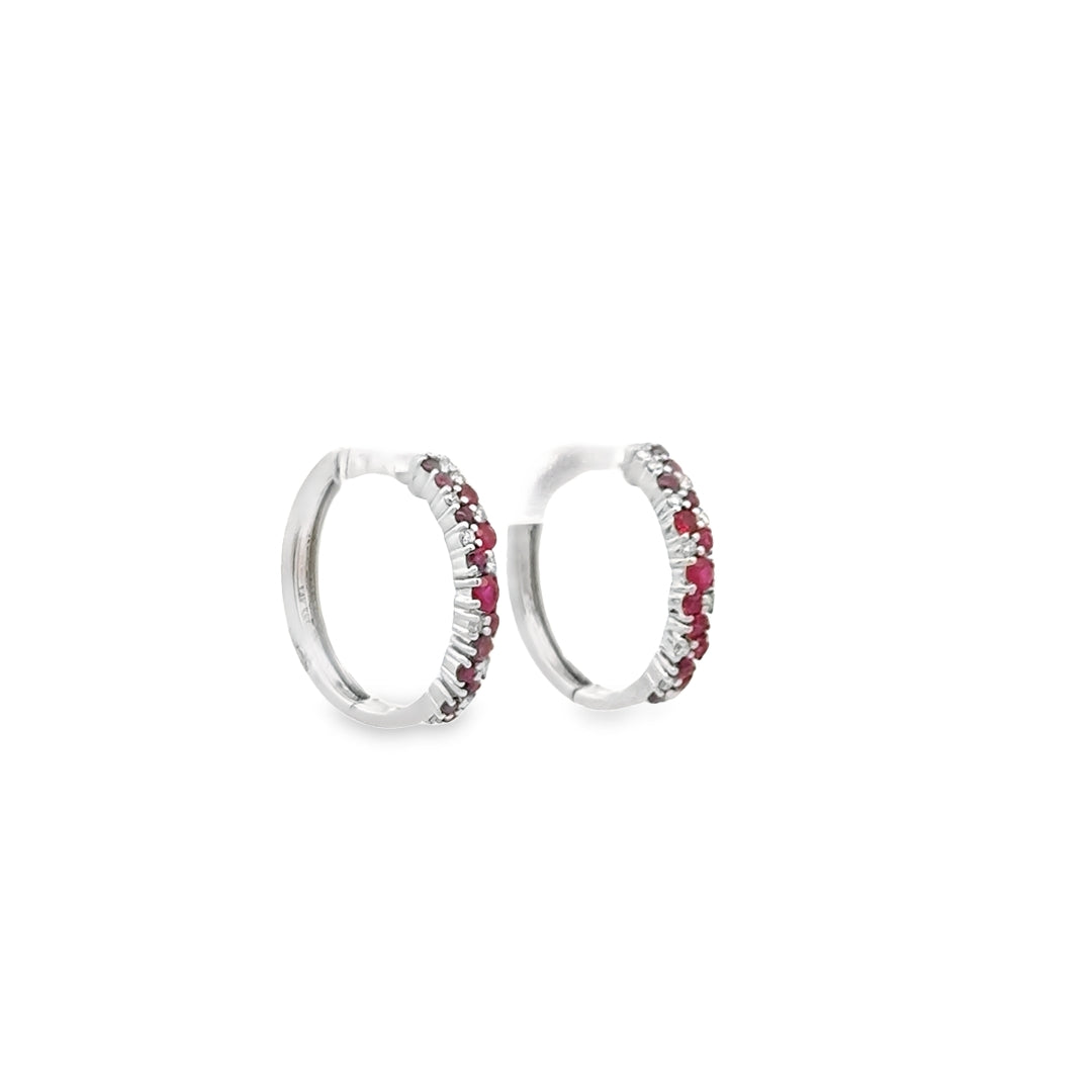 14K White Gold Ruby Diamond Cluster Hoop Earrings