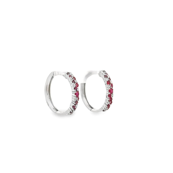 14K White Gold Ruby Diamond Cluster Hoop Earrings