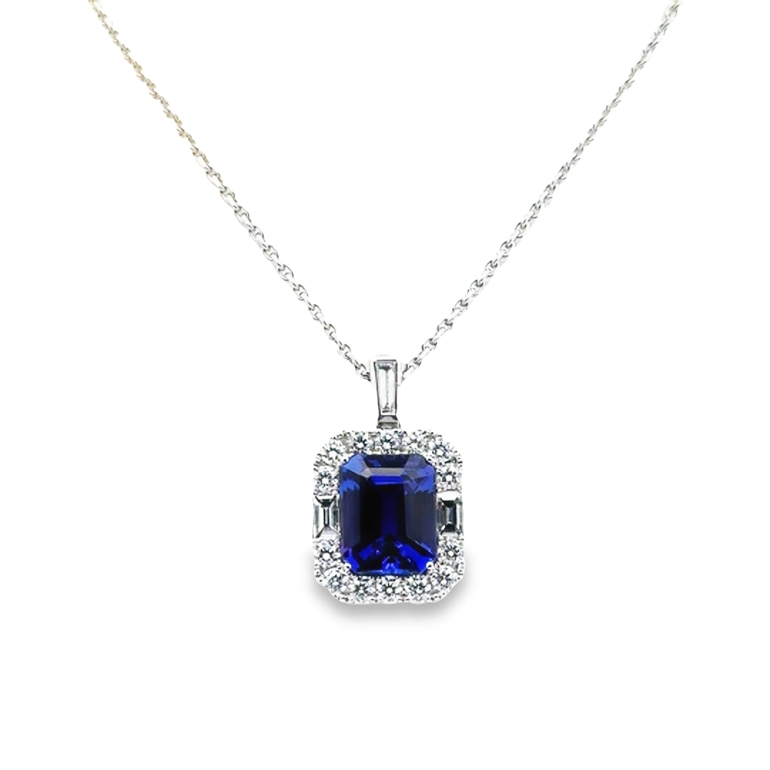 18K White Gold Tanzanite Diamond Halo Pendant Necklace